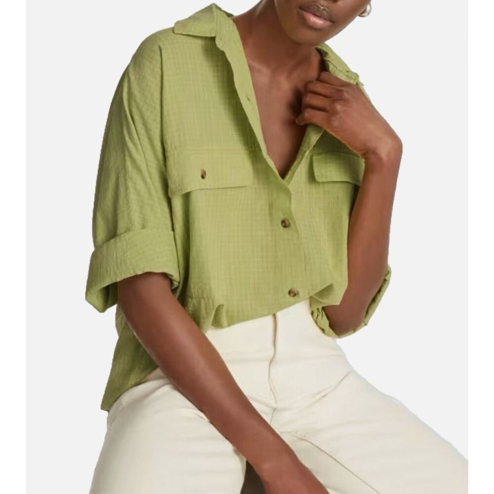 Everlane Cotton Tourist Shirt Green Pickled Plaid Mini Check Oversized Relaxed S